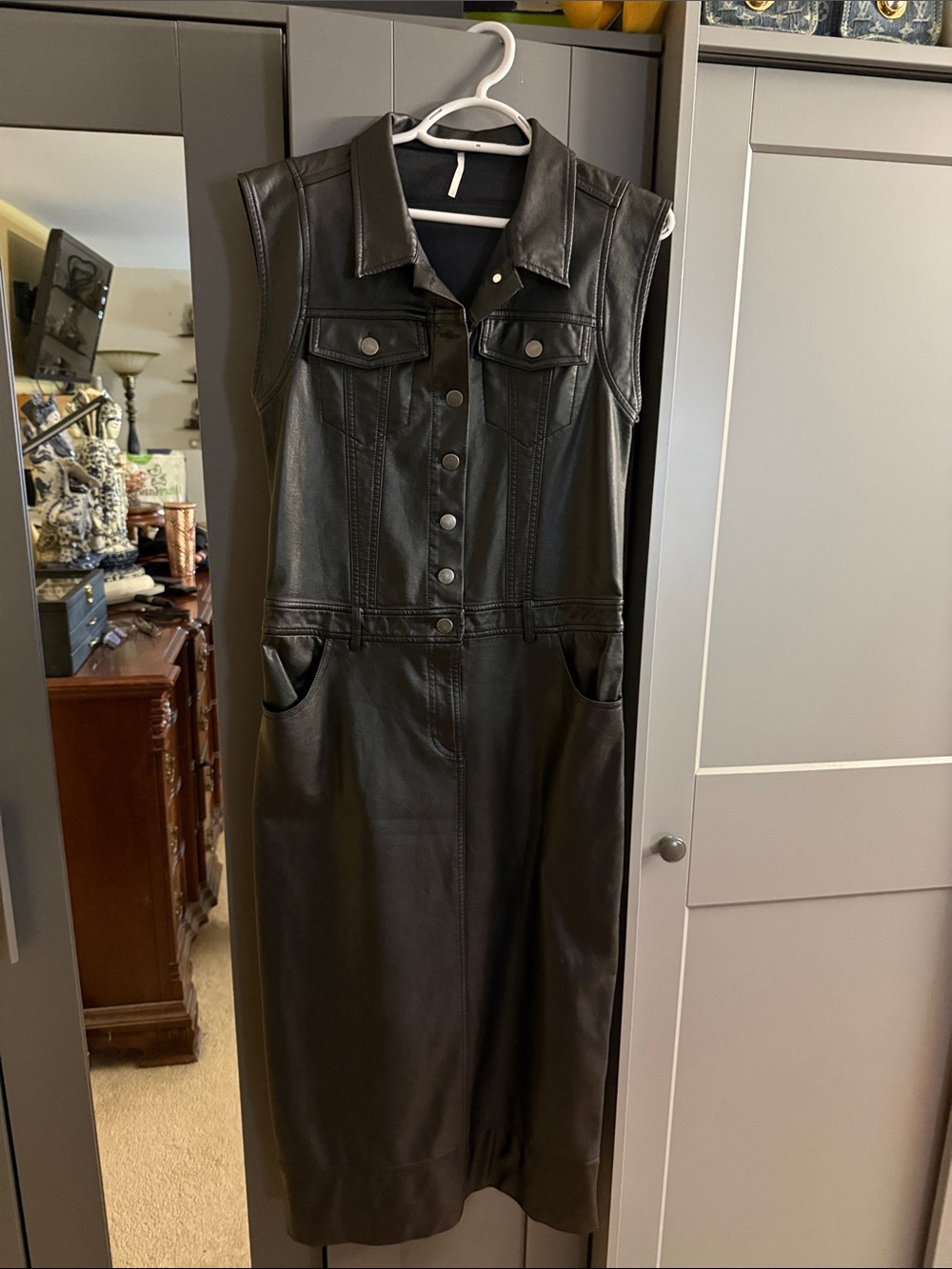 Sleeveless Black Faux Leather Shirt Dress